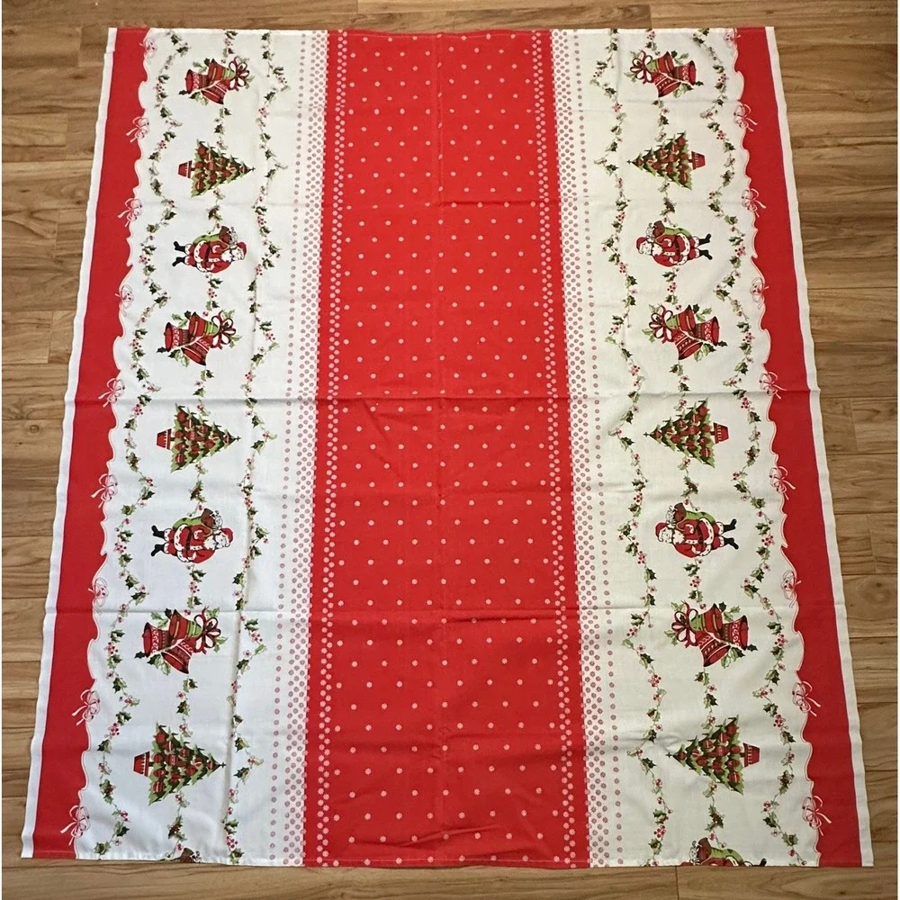 Vintage Christmas Tablecloth Santa Claus Tree Bell Red White Holiday 72x60